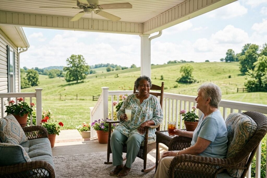 Two older adults sit on a covered porch holding glasses and smiling at each other, with rolling green hills in the background.