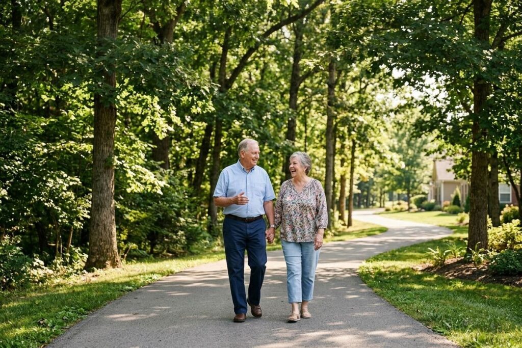 Two smiling older adults walk hand-in-hand down a paved path lined with green trees.