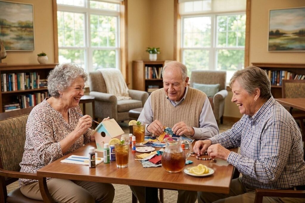 Three smiling older adults sit at a table in a lounge doing crafts. One paints a birdhouse, one arranges fabric squares, and one strings beads.