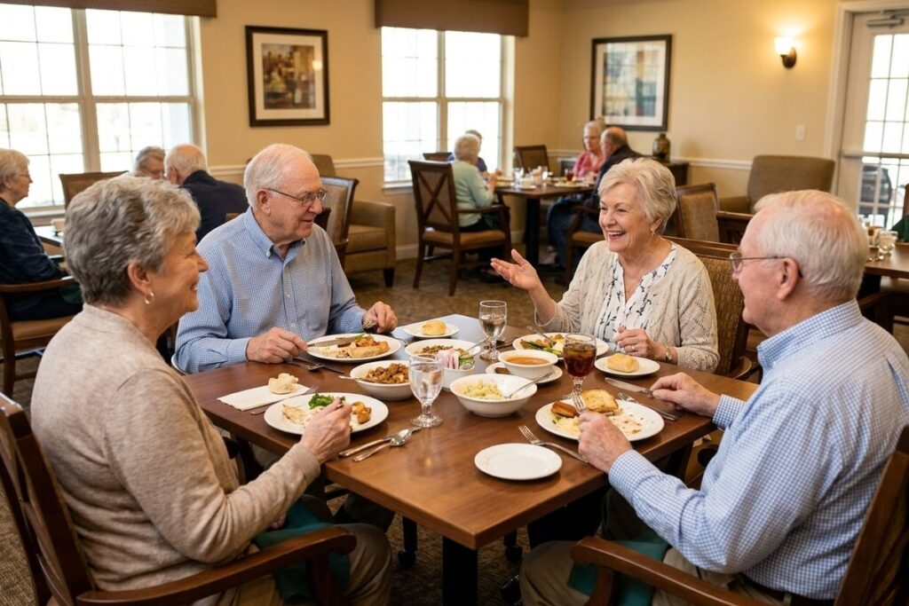 Four older adults eating a meal and talking together at a table in a dining room.