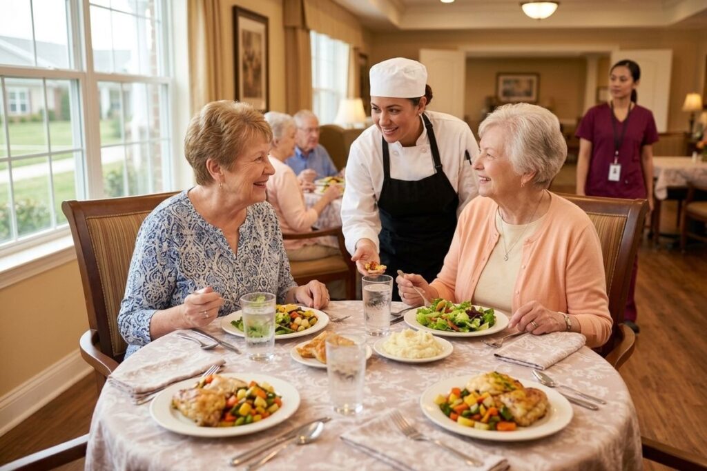A smiling chef interacts with two older adults seated at a dining room table.